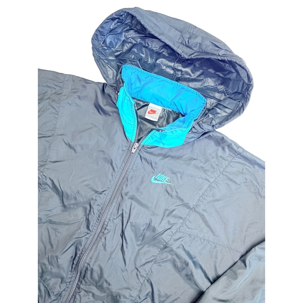 Vintage Nike‎ Windbreaker Jacket Packable Hood Black Blue Full Zip Large USA